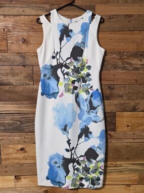 Floral Sheath Dress Blue White Sleeveless Midi Elegant Work Office Strech Sz 10